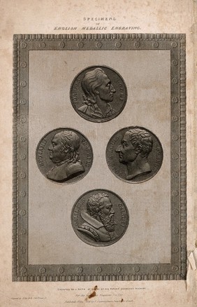 John Locke, Benjamin Franklin, Joseph-Louis Lagrange, and Galileo Galilei: profile portraits taken from medals. Line engraving by J. Bate, 1836.