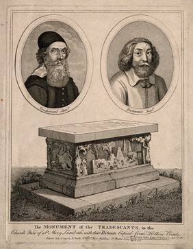 John Tradescant I and John Tradescant II. Stipple engraving by N. Smith, 1793, after W. Hollar.