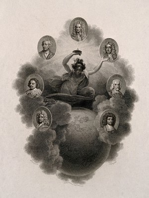 view Fame, with a lamp, hovering among clouds over the earth: around her are seven portraits of philosophers in ovals. Engraving by T. Millow, 1804, after R. Smirke.