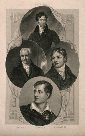 view Four poets: Thomas Campbell, George Crabbe, Lord Byron, and Samuel Taylor Coleridge. Engraving.