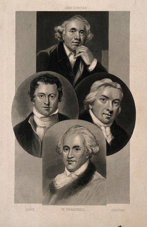 view John Hunter, Edward Jenner, William Herschel and Humphry Davy. Engraving.