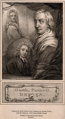 John Dryden, Samuel Garth, and Thomas Parnell. Engraving by A. Cardon after Sir G. Kneller, T. Uwins and P. Scheemakers (?).