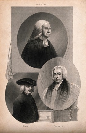 Three churchmen: John Wesley, William Paley, and Beilby Porteus. Engraving.