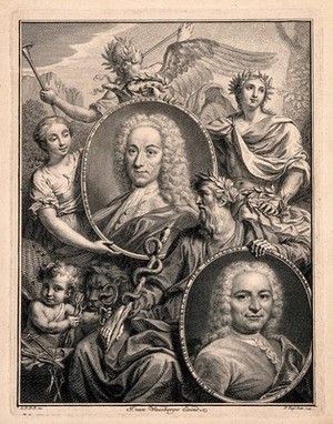 view Lorenz Heister and Hendrik Uhlhoorn. Line engraving by P. Tanjé, 1739 after L.F.D.B. after J.M. Quinckhard.