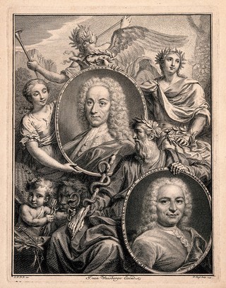 Lorenz Heister and Hendrik Uhlhoorn. Line engraving by P. Tanjé, 1739 after L.F.D.B. after J.M. Quinckhard.