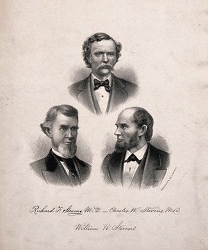 view Three members of the Stevens family: R.F., C.W., and W.H.. Lithograph.