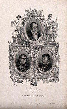 Guillaume Dupuytren, Dominique-Jean Larrey, and Nicolas-René-Dufriche Desgenettes, with an allegorical surround. Engraving by C. Geoffroy after A. Roy.