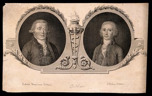 view Leopoldo Marco Antonio Caldani and Floriano Caldani, each in oval with an ornamental setting. Engraving, 1801.
