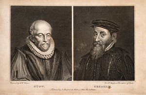 view John Stow and Thomas Gresham. Line engraving by A.W. Warren, 1808.