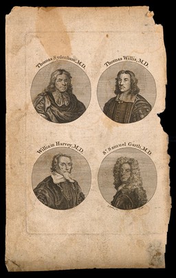 Thomas Sydenham, Thomas Willis, William Harvey, Samuel Garth. Engraving by J. June, 1764.