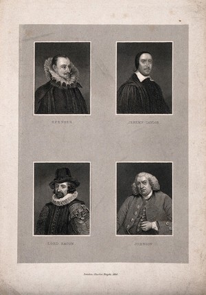 view Four men: Francis Bacon, Edmund Spenser, Samuel Johnson, and Jeremy Taylor. Engraving, 1850.