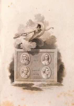 Fame, with a laurel wreath, hovering among clouds: beneath her are four portraits of poets in ovals. Engraving by R. Slann, 1799, after R. Smirke.