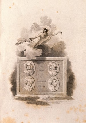 view Fame, with a laurel wreath, hovering among clouds: beneath her are four portraits of poets in ovals. Engraving by R. Slann, 1799, after R. Smirke.