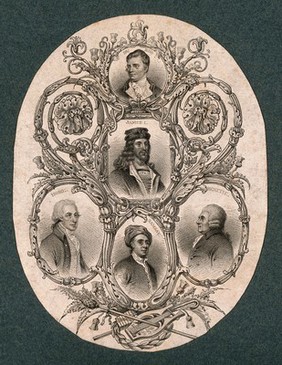 King James I and VI, with four Scottish writers: Robert Burns, John (?) Home, Allan Ramsay, and James Beattie. Engraving.