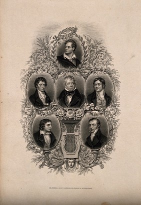 Six poets: Robert Montgomery, John Keats, Lord Byron, Walter Scott, Robert Southey and Samuel Taylor Coleridge. Engraving.