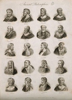 view Philosophers: twenty portraits of ancient thinkers. Engraving by J.W. Cook, 1825.