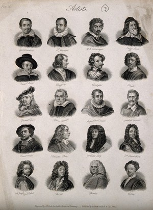 view Artists and musicians active in the 17th century: twenty heads. Engraving by J.W. Cook, 1825.