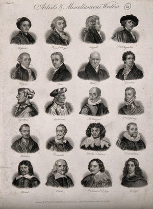 view Twenty portraits of famous men. Engraving by J.W. Cook, 1825.