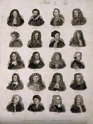 view Poets: twenty portraits of writers. Engraving by J.W. Cook, 1825.