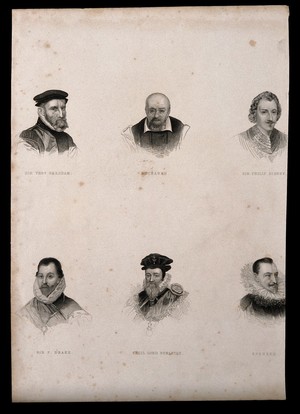 view Six portraits of eminent sixteenth century men. Engraving.