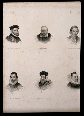 Six portraits of eminent sixteenth century men. Engraving.