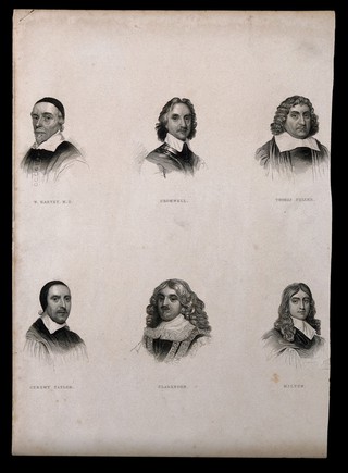 Six portraits of eminent seventeenth century men. Engraving.