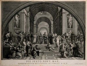 view The school of Athens: a gathering of ancient philosophers. Engraving by G. Volpato after G. Cades after Raphael.