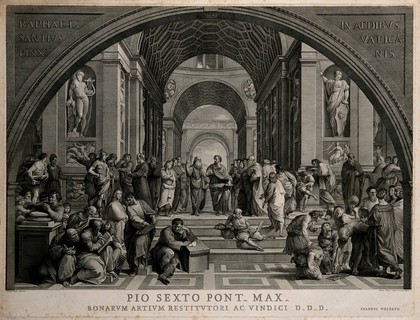 The school of Athens: a gathering of ancient philosophers. Engraving by G. Volpato after G. Cades after Raphael.