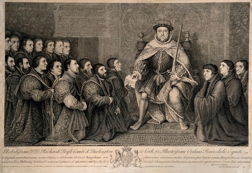 King Henry VIII granting a Royal Charter to the Barber-Surgeons company. Engraving by B. Baron, 1736, after H. Holbein, 1542.
