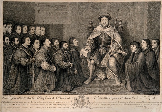 King Henry VIII granting a Royal Charter to the Barber-Surgeons company. Engraving by B. Baron, 1736, after H. Holbein, 1542.