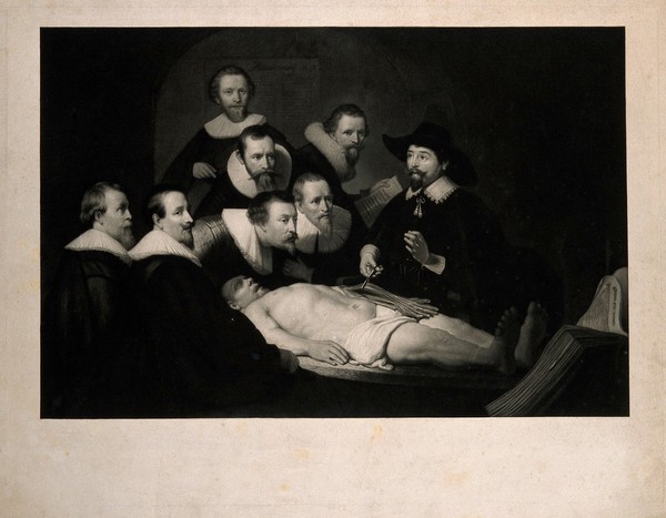 Nicolaus Tulp demonstrating anatomy to seven syndics of the Surgeon's Guild of Amsterdam. Mezzotint after Rembrandt van Rijn, 1632.