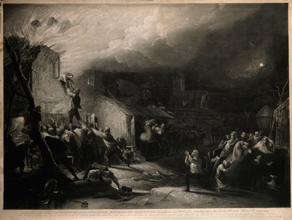 The rescue of the young John Wesley from the burning parsonage at Epworth, Lincolnshire. Mezzotint by S.W. Reynolds after H.P. Parker.