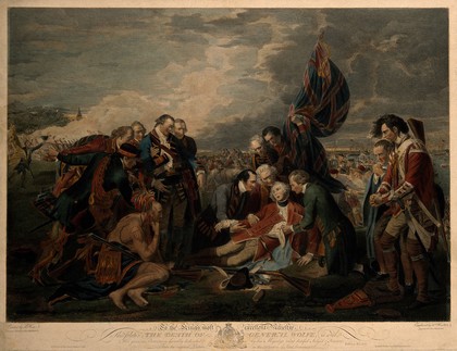 The death of General Wolfe, at Quebec, in the background are soldiers and the masts of ships. Engraving by W. Woollett, 1776, after B. West, the elder, 1770.