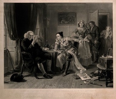 Dr Samuel Johnson reading the manuscript of Oliver Goldsmith's 'The vicar of Wakefield', while a bailiff waits with the landlady. Mezzotint by S. Bellin, 1845, after E.M. Ward.