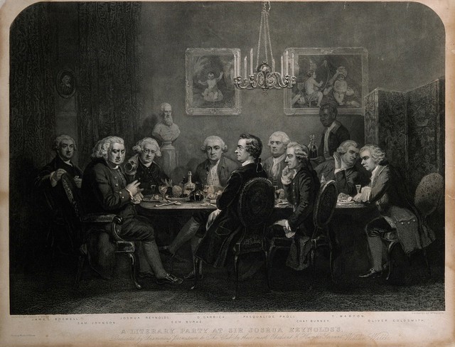 A gathering at Joshua Reynolds's house: Oliver Goldsmith and Edmund Burke among the company. Stipple engraving by W. Walker, 1848, after J.E. Doyle.