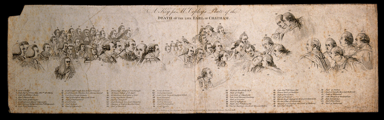 Key plate to the print of the death of Lord Chatham, in the Upper Chamber of the Palace of Westminster, 1778. Engraving, 1791, after J.S. Copley.