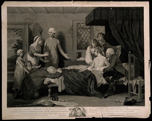 A man recuperating in bed at a receiving-house of the Royal Humane Society, after resuscitation by W. Hawes and J.C. Lettsom from near drowning. Engraving by R. Pollard, 1787, after R. Smirke.