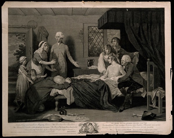 A man recuperating in bed at a receiving-house of the Royal Humane Society, after resuscitation by W. Hawes and J.C. Lettsom from near drowning. Engraving by R. Pollard, 1787, after R. Smirke.