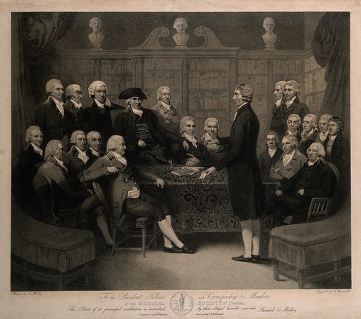 The inaugural meeting of the Medical Society of London in the Society's Council Chamber, 1788. Engraving by N.C. Branwhite, 1801, after S. Medley, 1800.