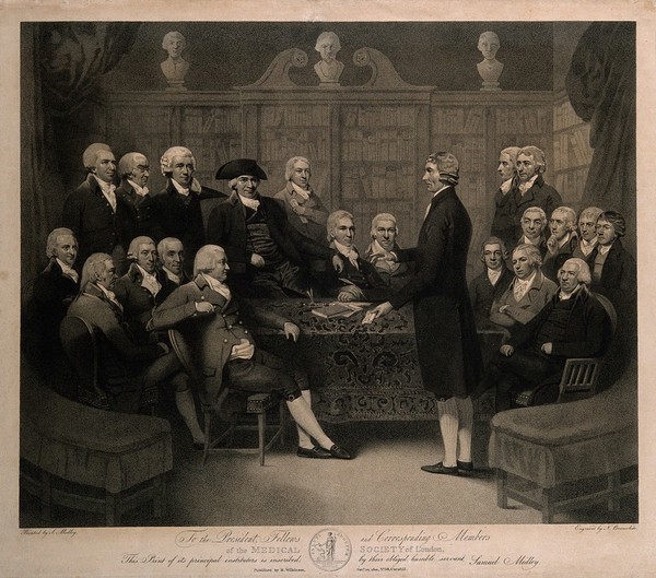 The Medical Society of London: John Coakley Lettsom presenting to the society the deeds of 3 Bolt Court, City of London. Stipple engraving by N.C. Branwhite, 1801, after S. Medley, 1800.