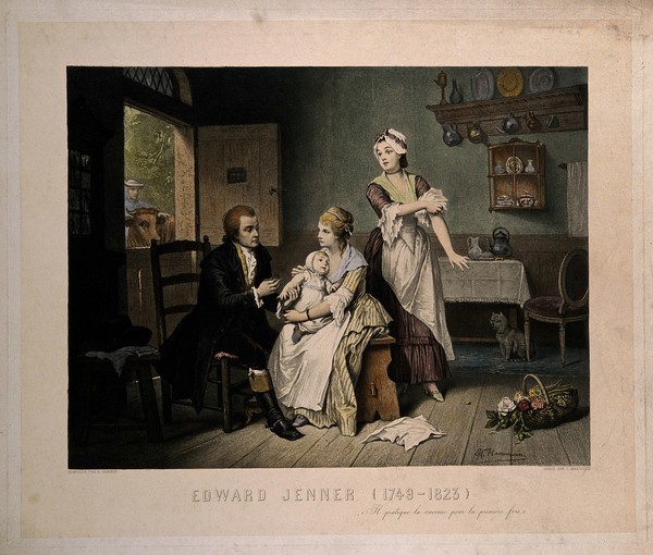 Edward Jenner vaccinating his son, held by Mrs Jenner; a maid rolls up her sleeve, a man stands outside holding a cow. Coloured engraving by C. Manigaud after E Hamman.