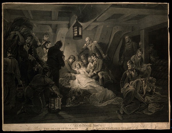 The death of Lord Nelson on the quarter deck aboard HMS Victory at the battle of Trafalgar. Engraving by W. Bromley after A.W. Devis, 1807.