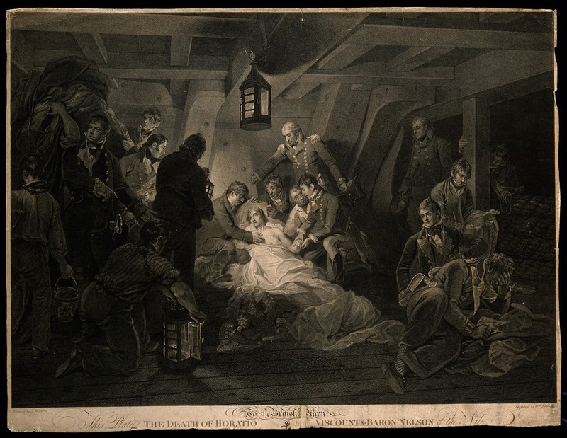 The death of Lord Nelson on the quarter deck aboard HMS Victory at the battle of Trafalgar. Engraving by W. Bromley after A.W. Devis, 1807., 1807, by Arthur William Devis