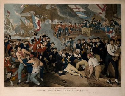 The death of Lord Nelson aboard HMS Victory at the battle of Trafalgar. Coloured engraving by J. Heath, 1811, after B. West.