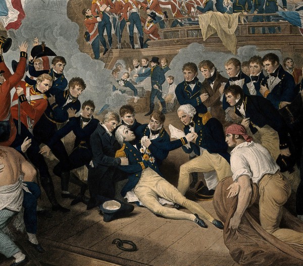 The death of Lord Nelson aboard HMS Victory at the battle of Trafalgar. Coloured engraving by J. Heath, 1811, after B. West.