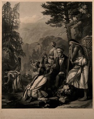 view Sir Joseph Dalton Hooker in the Rhododendron area of the Himalaya. Mezzotint by W. Walker, after F. Stone, 1854.