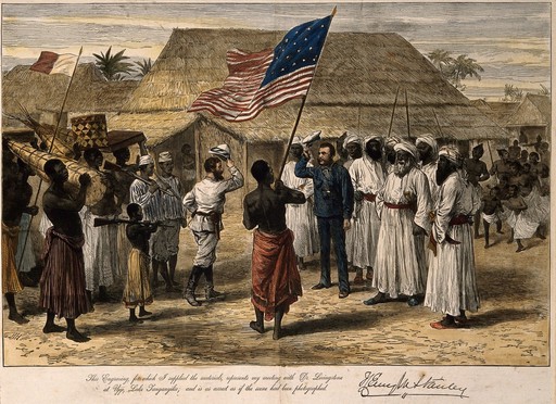 Henry Morton Stanley meeting David Livingstone at Ujiji, in Africa. Coloured wood engraving by H. Hall after H.M. Stanley, ca.1880.
