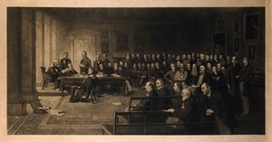 view A meeting of the Royal College of Surgeons of Edinburgh. Engraving by M.Smyth, 1895, after P.A. Hay, 1800.