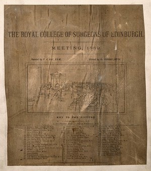 view A meeting of the Royal College of Surgeons of Edinburgh: key to the persons portrayed. Engraving by M. Smyth, 1895, after P.A. Hay, 1889.