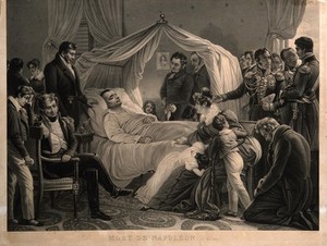 view The death of Napoleon Bonaparte at St Helena in 1821. Intaglio print by J.P.M. Jazet, 1830, after Baron Steuben.